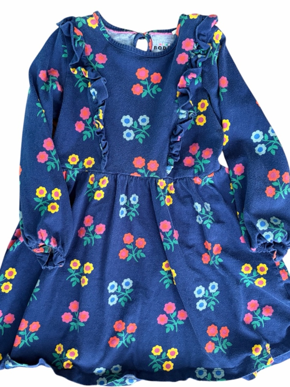 Mini Boden Navy Floral Ruffle Long-Sleeve Girls Dress